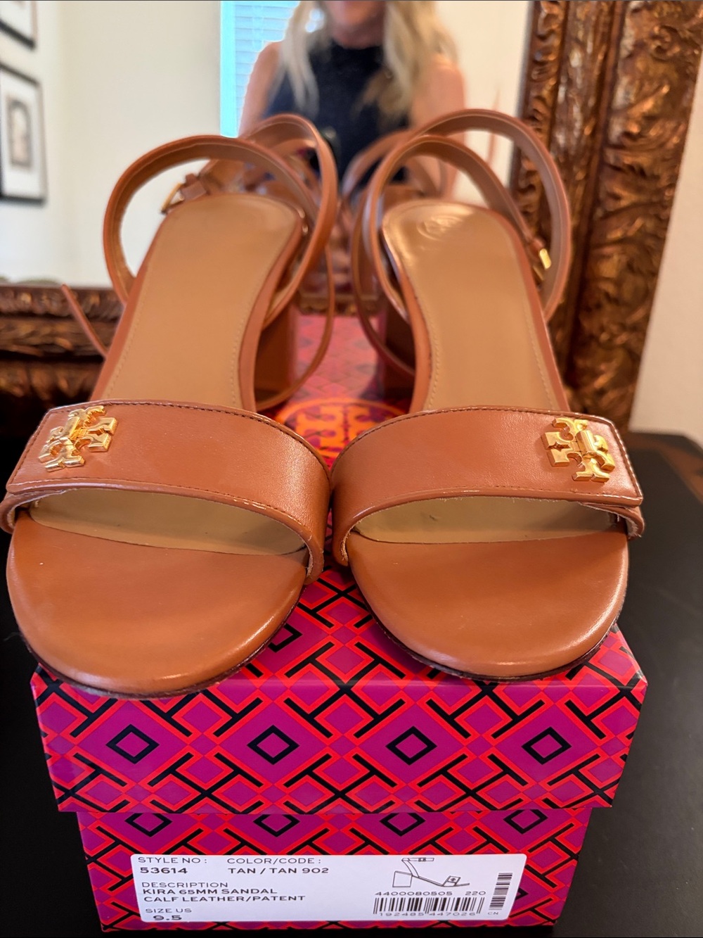 Tory Burch Cognac Leather Block Heel Sandals with Gold Logo